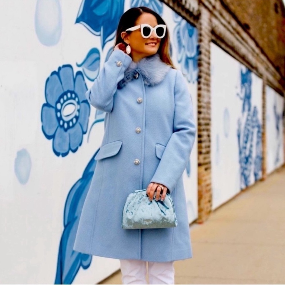 Kate Spade Cinderella Blue Wild Ones Jeweled Fur Collar Coat size 8